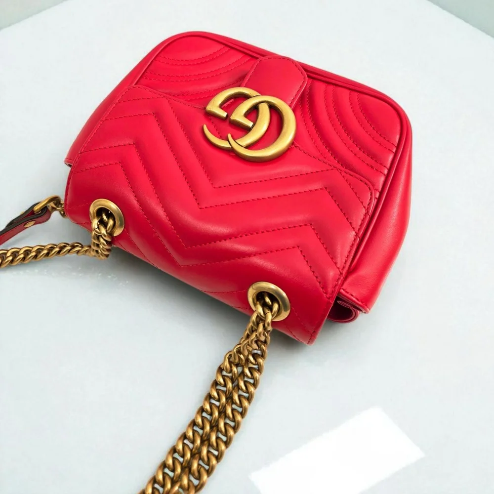 Gucci GG Marmont Matelasse Mini Square Shoulder Bag Red Leather